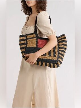 Collection XIIX Woven Straw Colorblock Tote Bag - Black, Tan & Red beach bag.